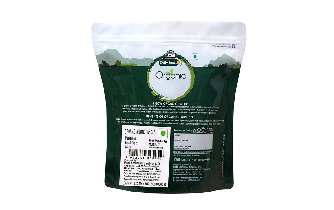 Laxmi Daily Feast Organic Moong Whole    Pack  500 grams